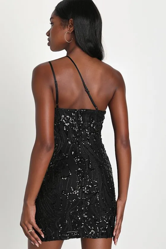 Alluring Shine Black Sequin One-Shoulder Mini Dress