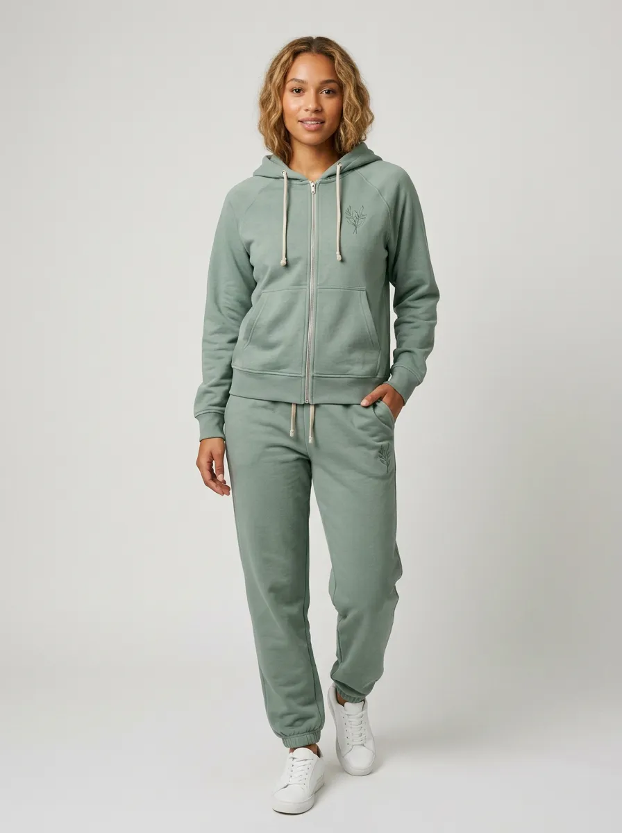 Women's Sage Green Tapered Joggers Cuffed Joggers Zip-Up Hoodie Jacket & Jogger Set