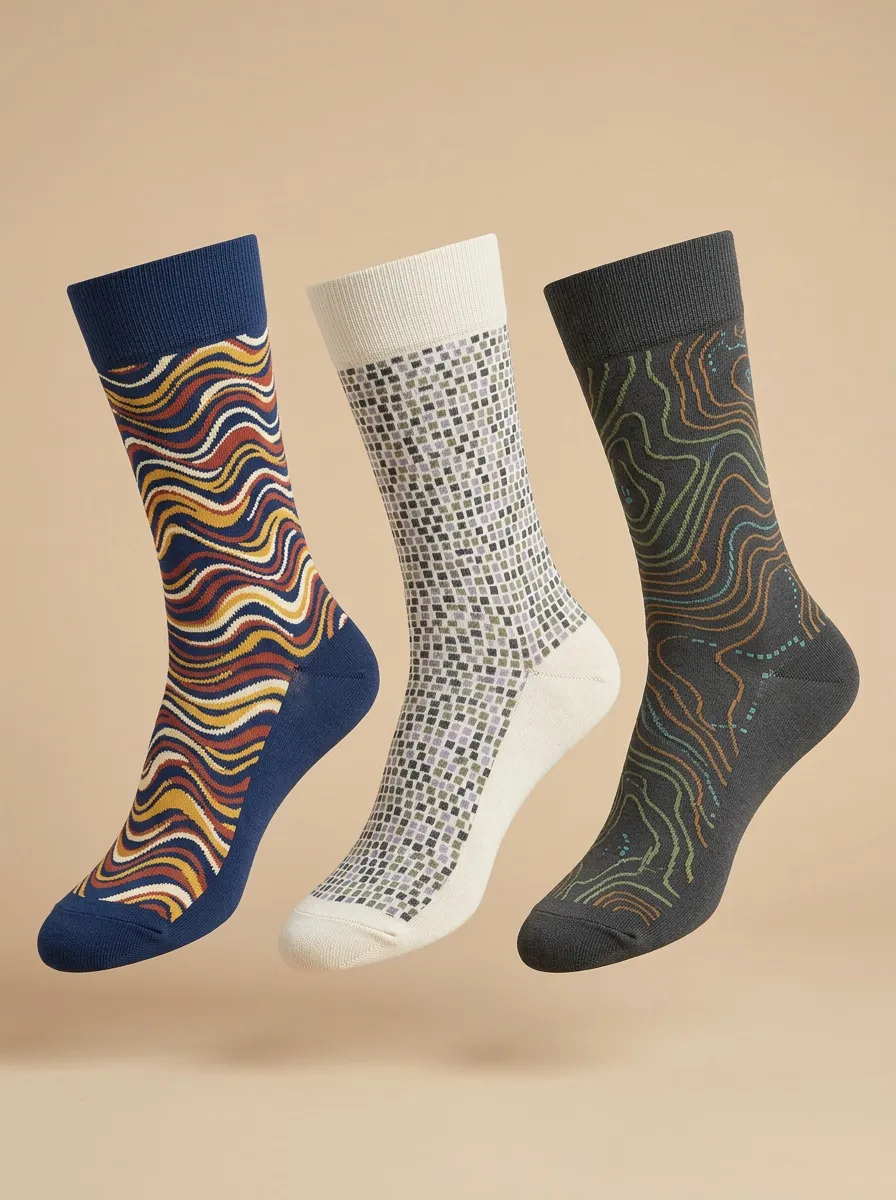 Men's Abstract Geometric Wave Grid Topographic Print 3-Pack Socks