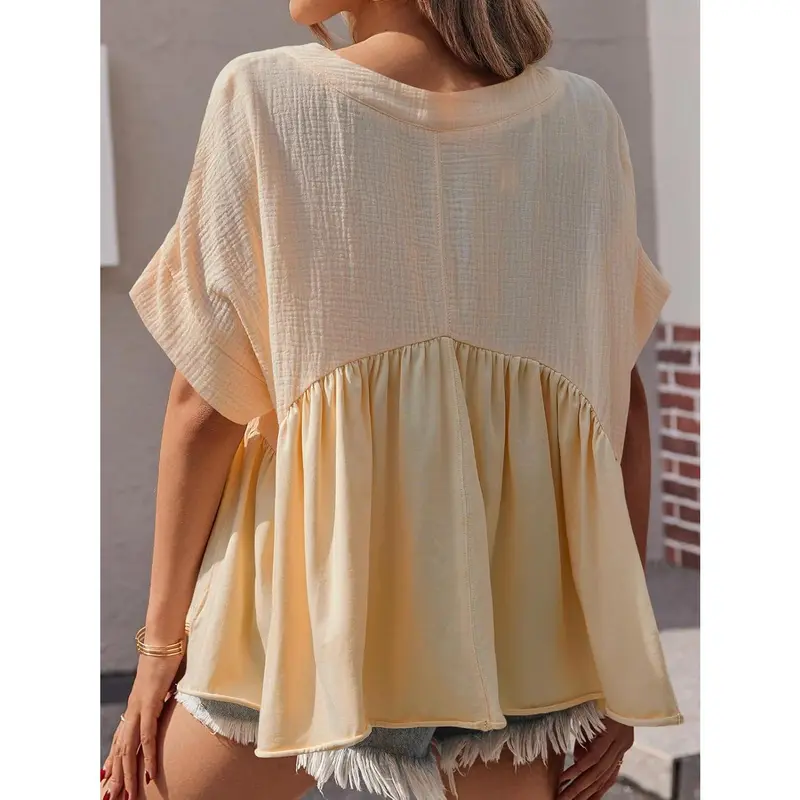 🔥 Women's Summer V-Neck Babydoll Tops | Short Sleeve Pleated Flowy Blouse