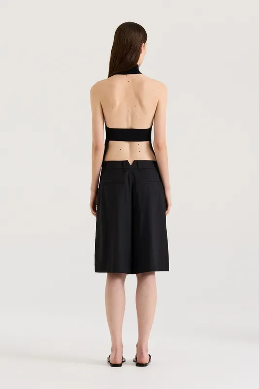 Black with Blue Pinstripe Pleated Bermuda Shorts