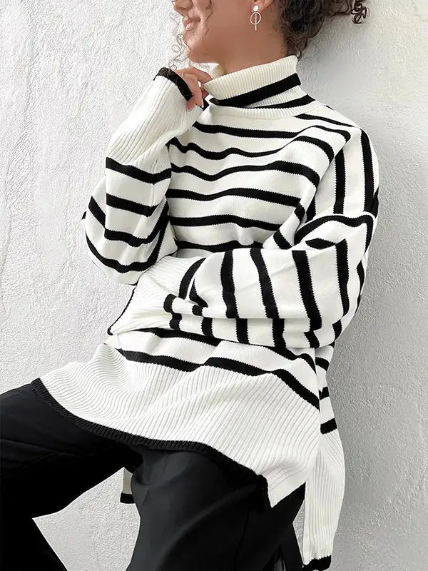 Striped High Low Split Hem Paneled High Neck Sweater