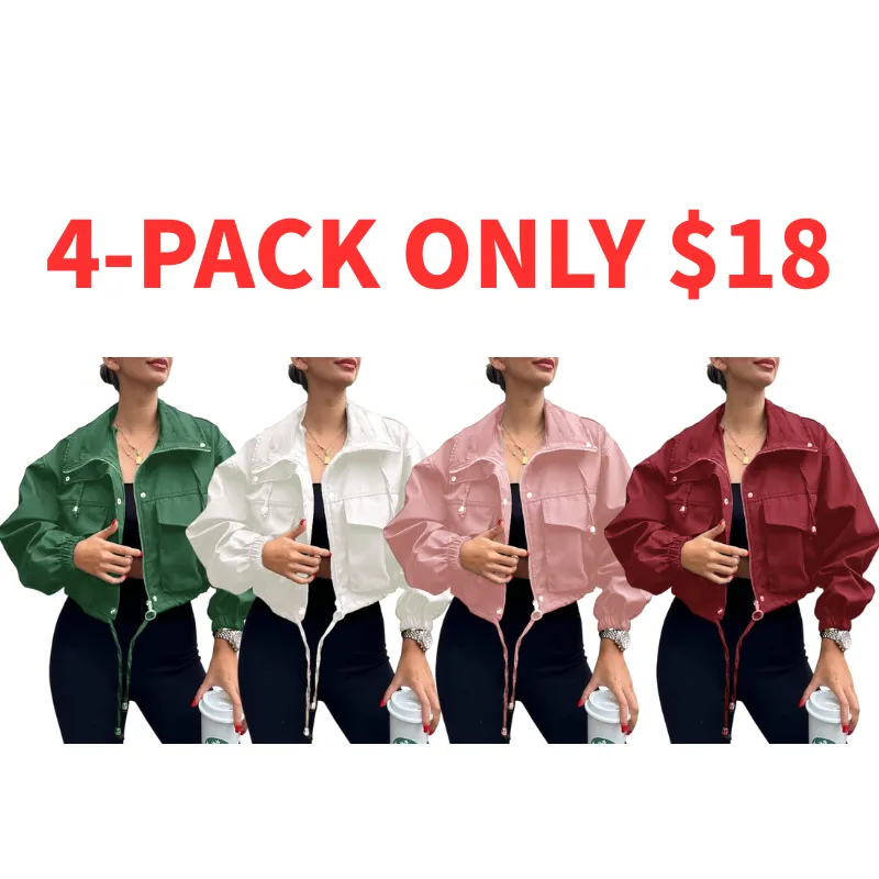 Women's Solid Zip Up Drawstring Hem Jacket, Casual Long Sleeve Collared Outerwear