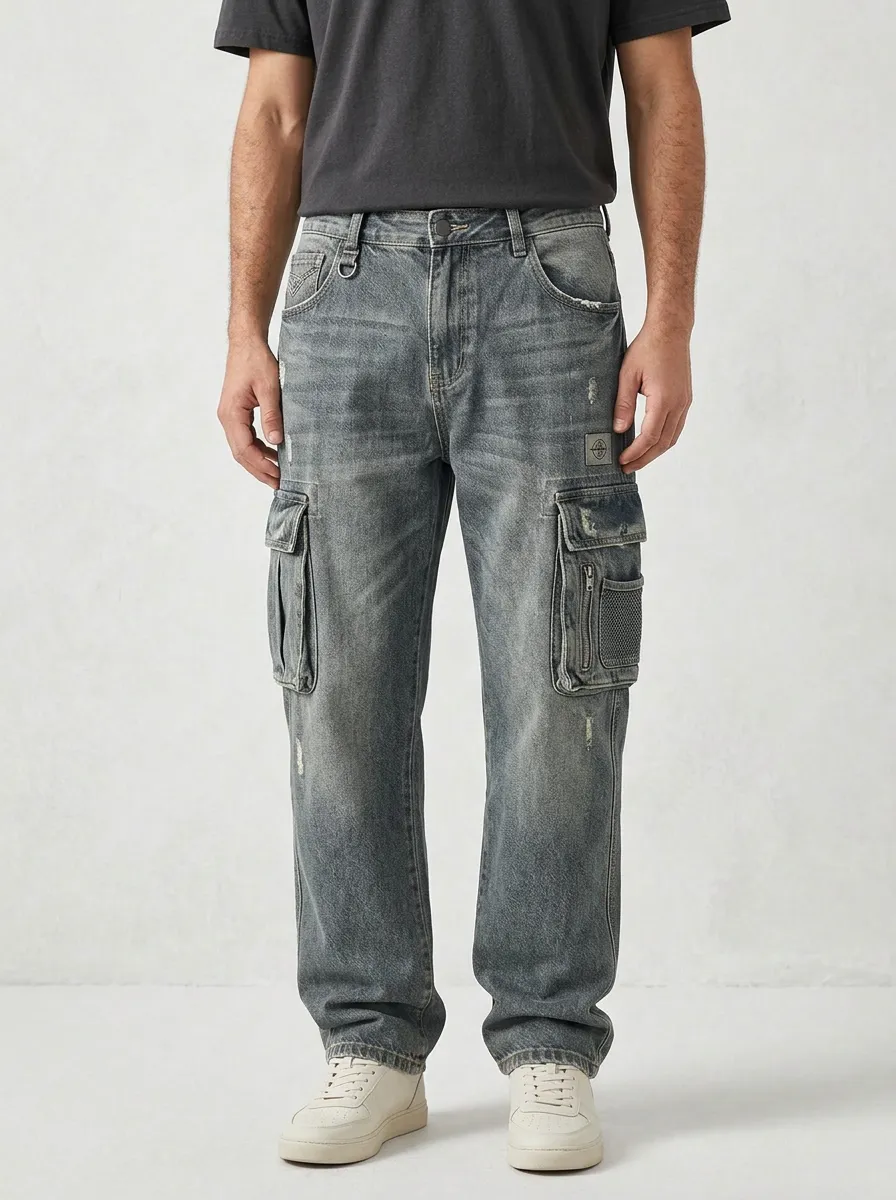 Men's Washed Grey Patchwork D-Ring Straight-Leg Denim Cargo Pants