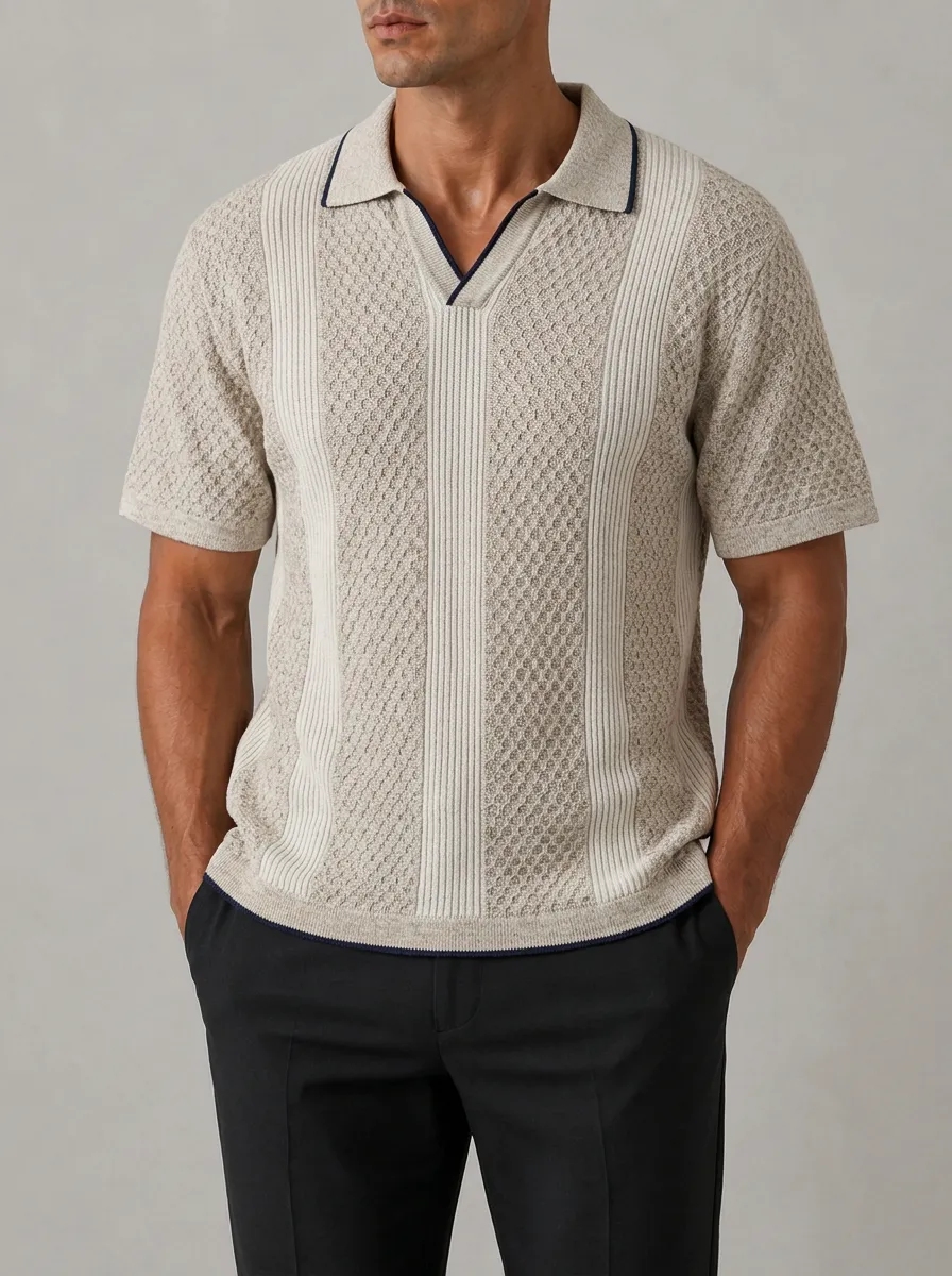 Men's Vintage Textured Striped Knit Polo Shirt