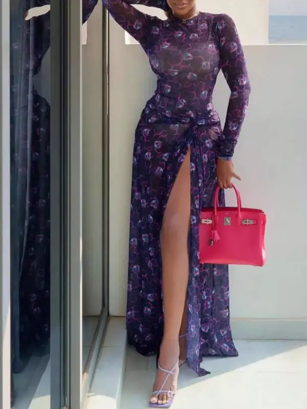 Sheer Floral Print Maxi Dress With High Slit