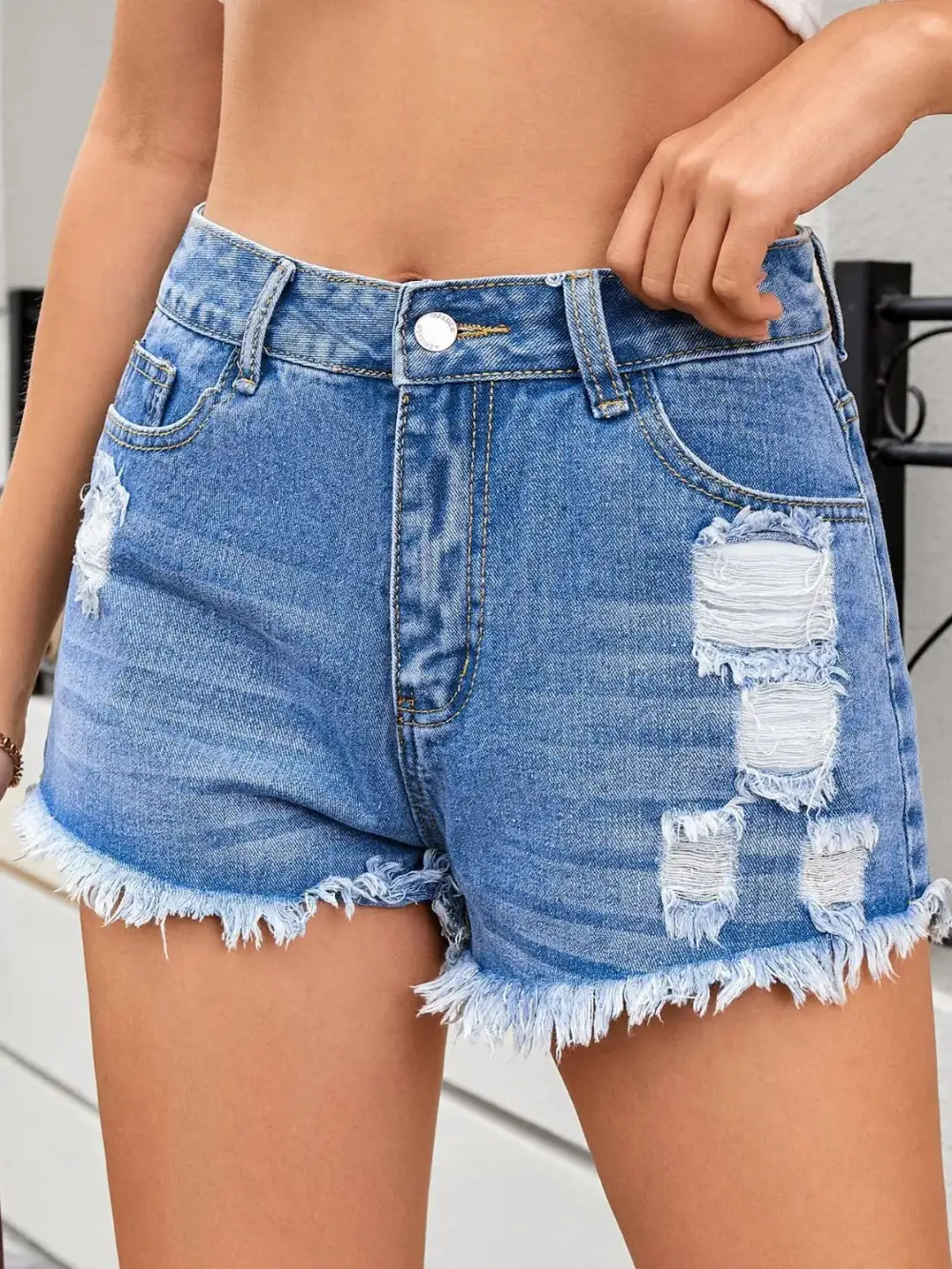 Tailored Distressed Raw Hem Denim Shorts