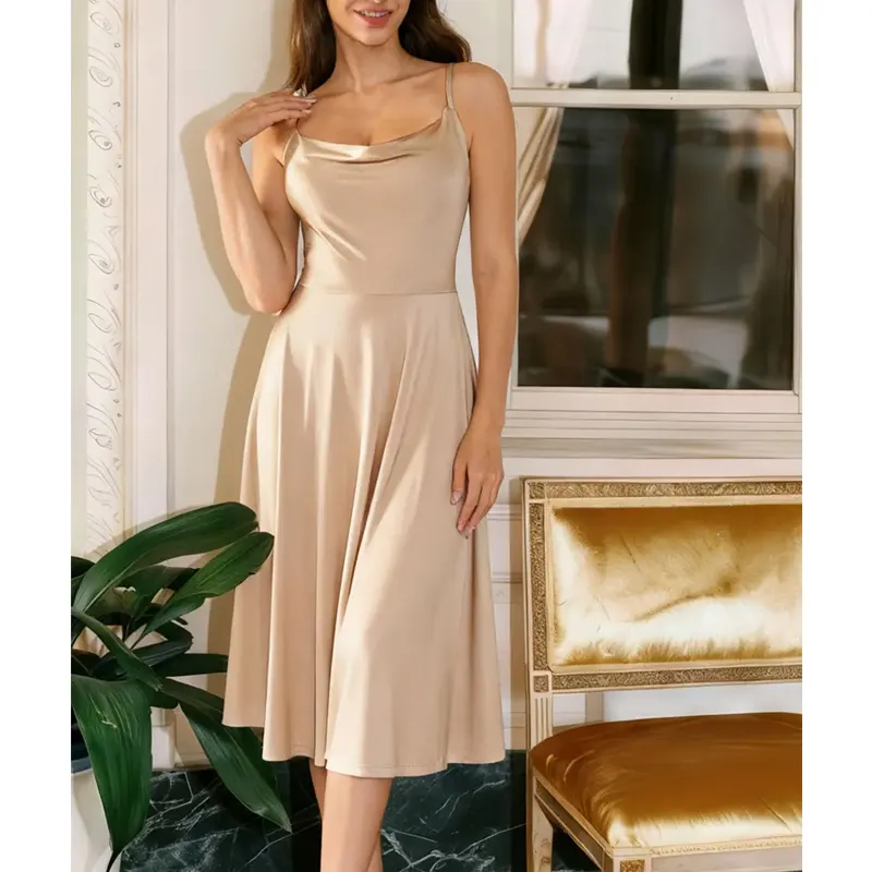 Satin Midi Slip Dress with Cowl Neck and Flared Hem
