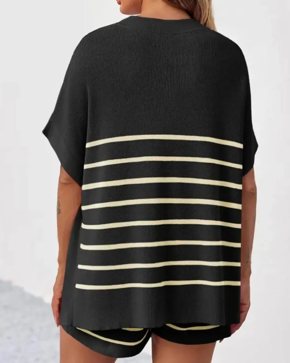 Striped Batwing Top and High-Waist Shorts Two-Piece Lounge Set