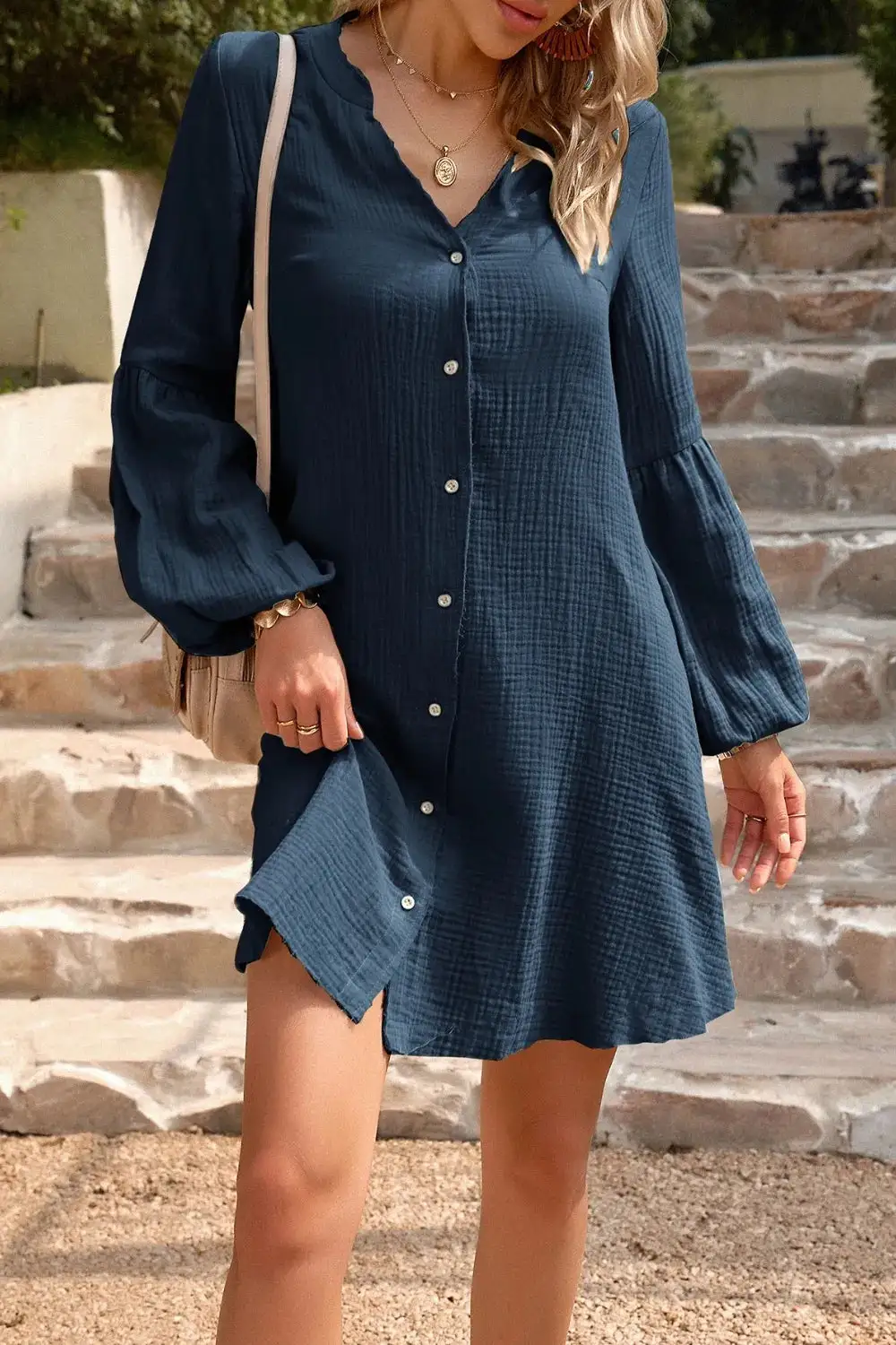 Notched Balloon Sleeve Mini Dress Mini Dress
