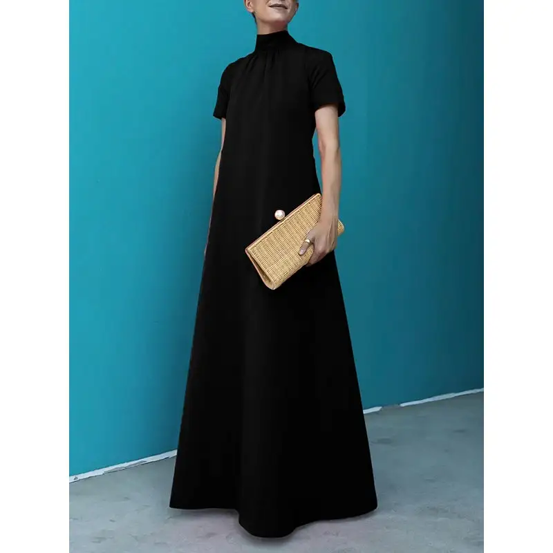 Tailored Cotton Blend High Neck Loose Maxi Dress