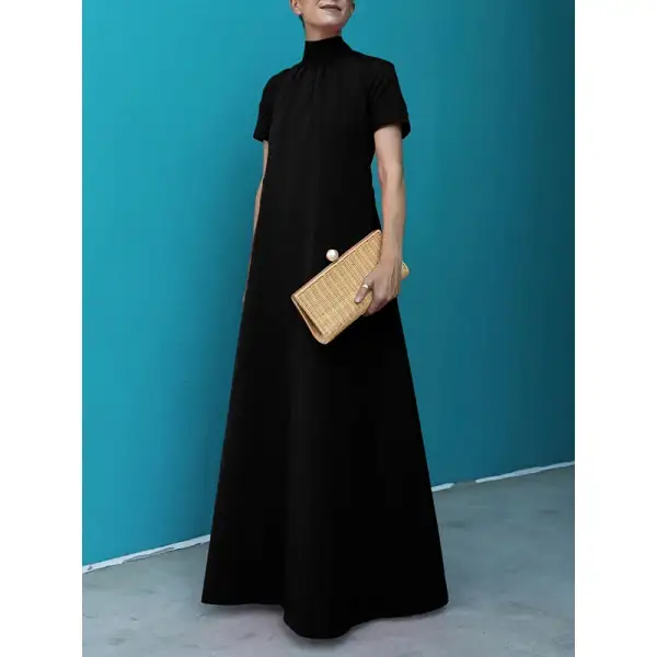 Tailored Cotton Blend High Neck Loose Maxi Dress