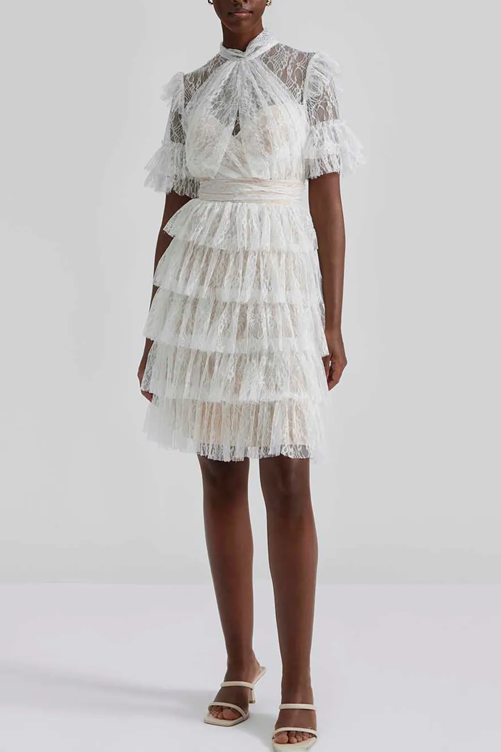 Ruffled Lace High Neck Mini Dress