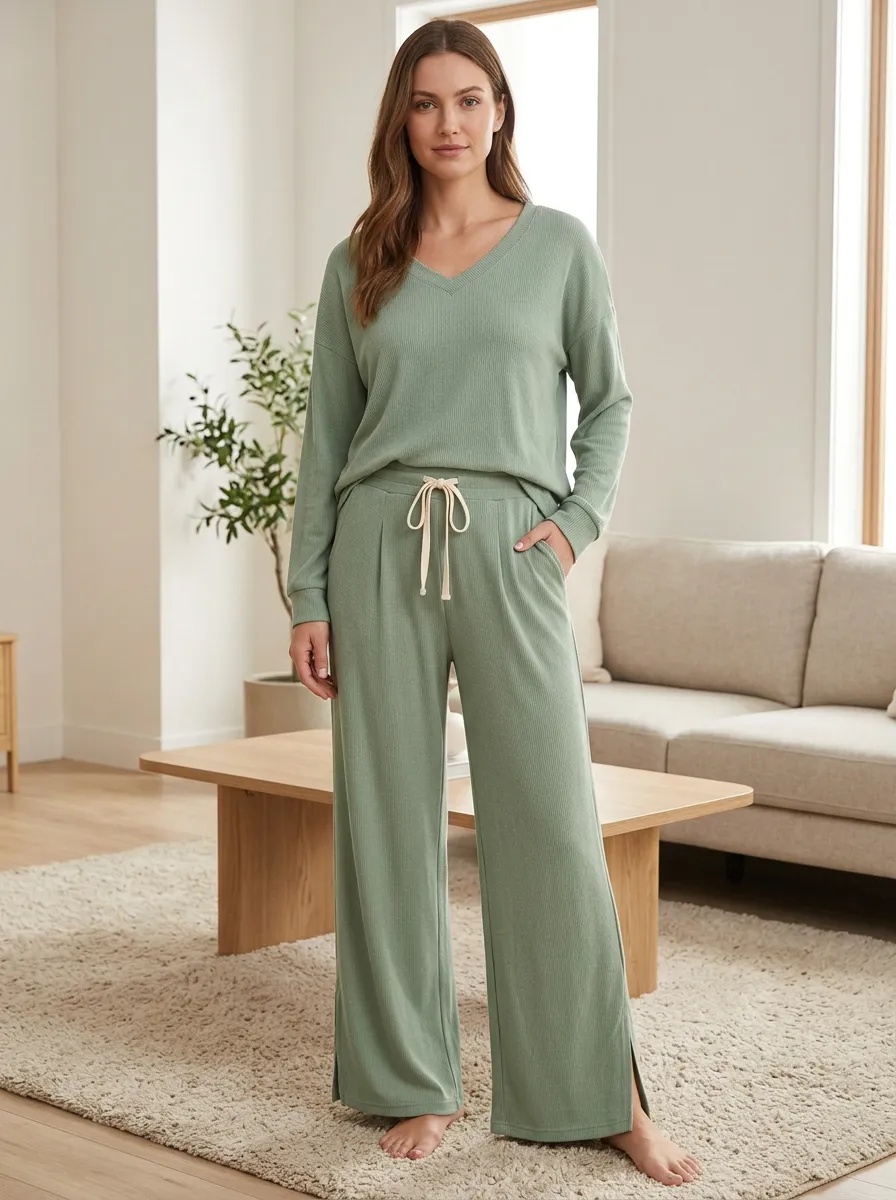 Laid Back Homewear Women's Waffle Knit Wide Leg Pajama Set