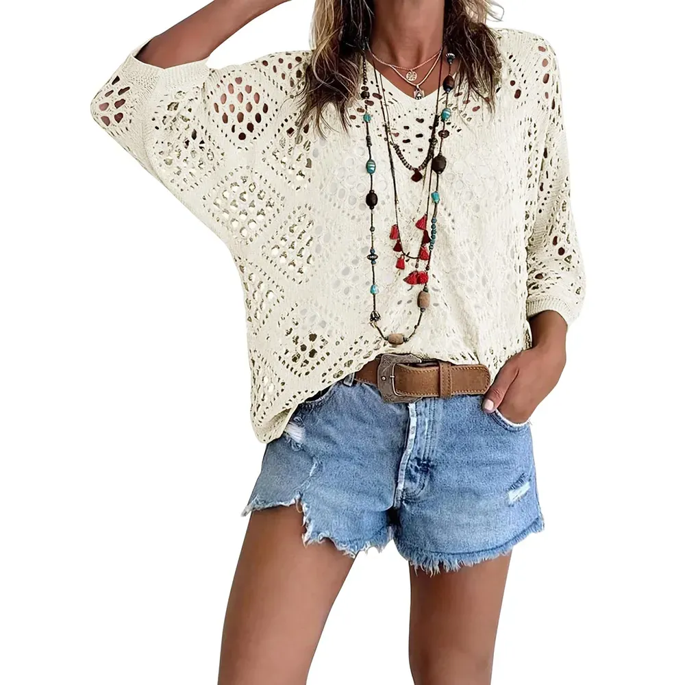 Women's Bohemian-Inspired Beige Crochet Top with V-Neck