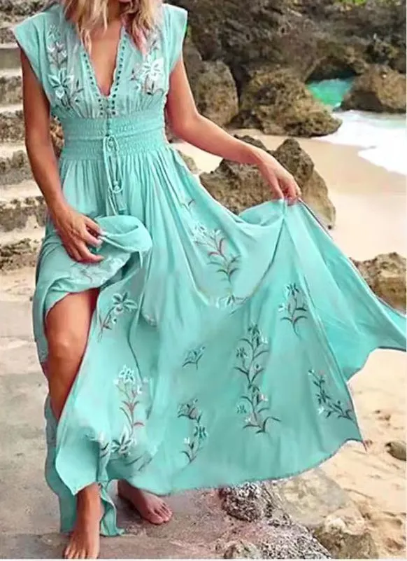 Summer Women's V-neck French Beach Bohemian Printed Dress