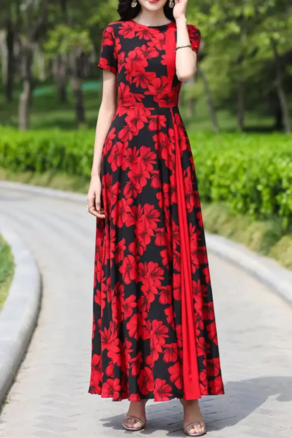 Relaxed Floral Chiffon Short Sleeve Maxi Dress