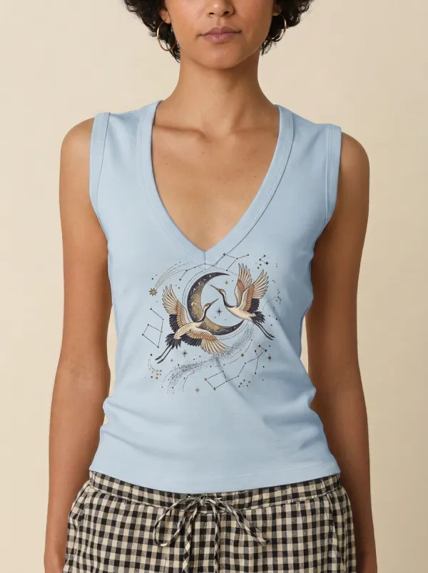 Women's Celestial Crane Moon Constellation Printed Tank Top