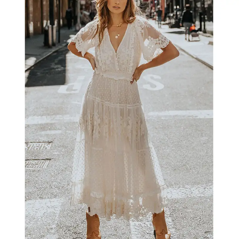 Boho White Solid Short Sleeve Lace Maxi Dress