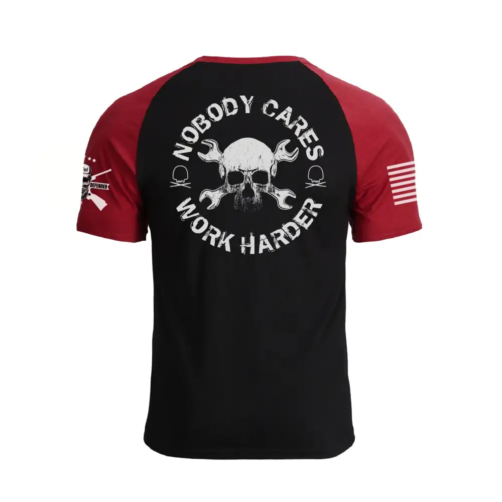 NOBODY CARES WORK HARDER 100% COTTON RAGLAN GRAPHIC TEE