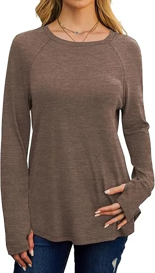 Womens Tunic Tops to Wear with Leggings Long Sleeve Thumb Hole Shirts Crew Neck Curved Hem