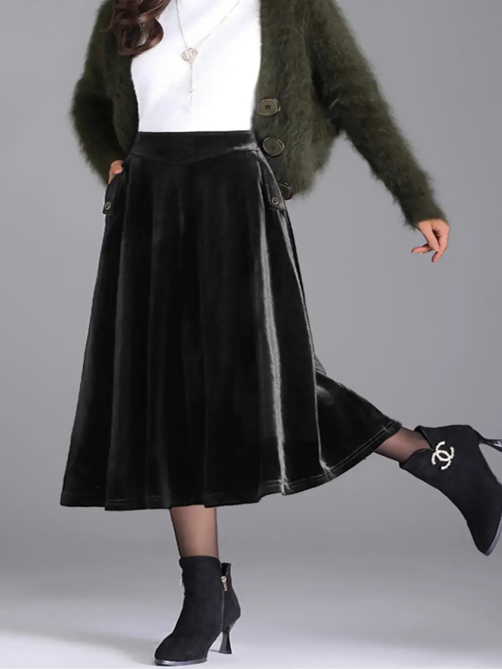 Plus Size Elegant Velvet A-line Midi Skirt
