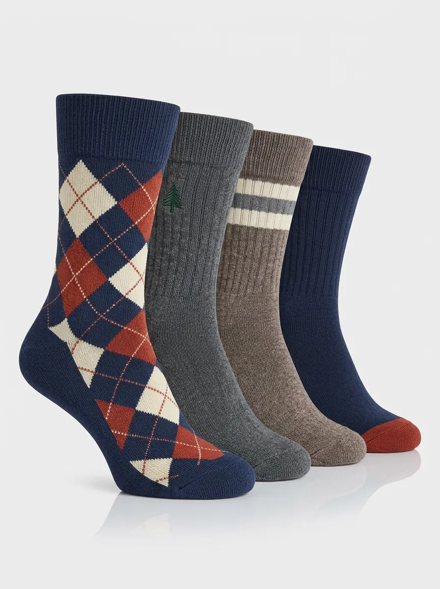 Argyle Striped Tree Motif Ribbed Texture Men's Crew Socks Four-Pair Pack