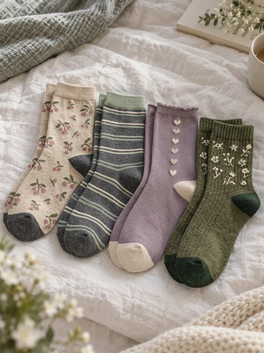 Women's Vintage Floral Striped Heart Printed 4-Pack Socks