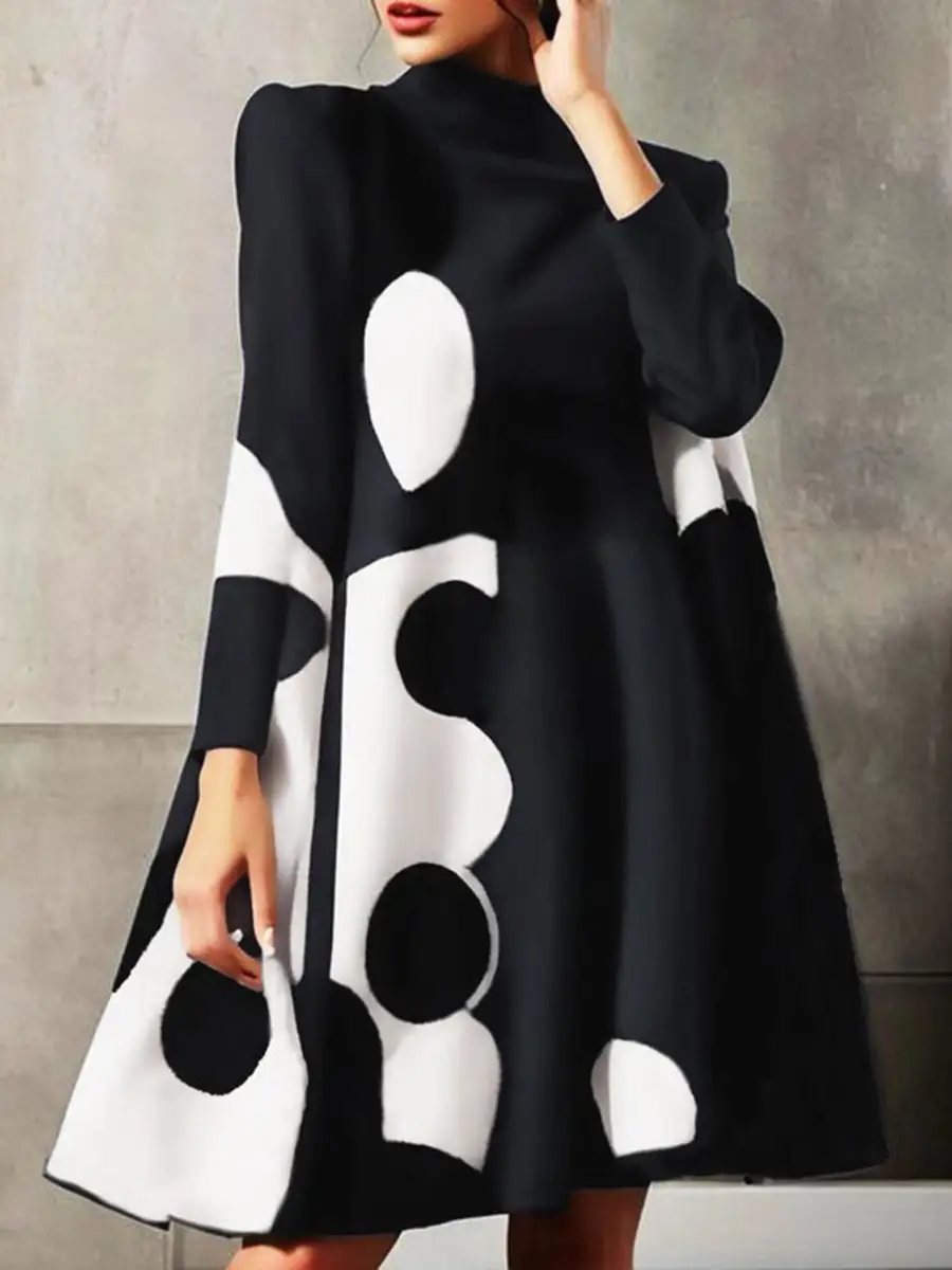 A Line Long Sleeve Polka Dot Split Joint Mock Neck Mini