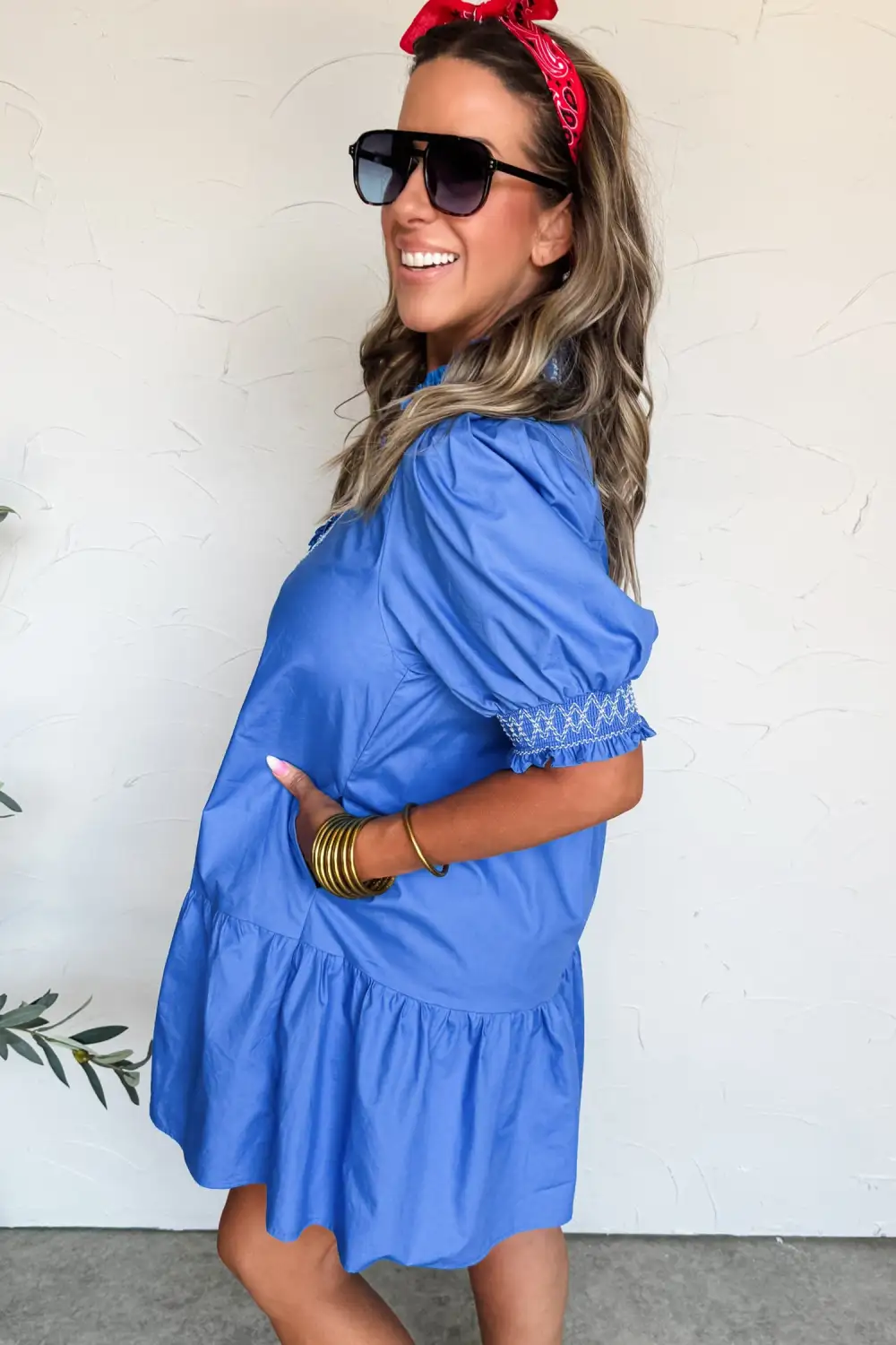 Embroidered V Neck Smocked Mini Dress