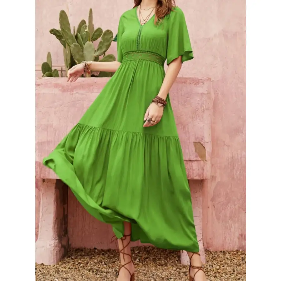 Classic Lace Detail V Neck Short Sleeve Dress