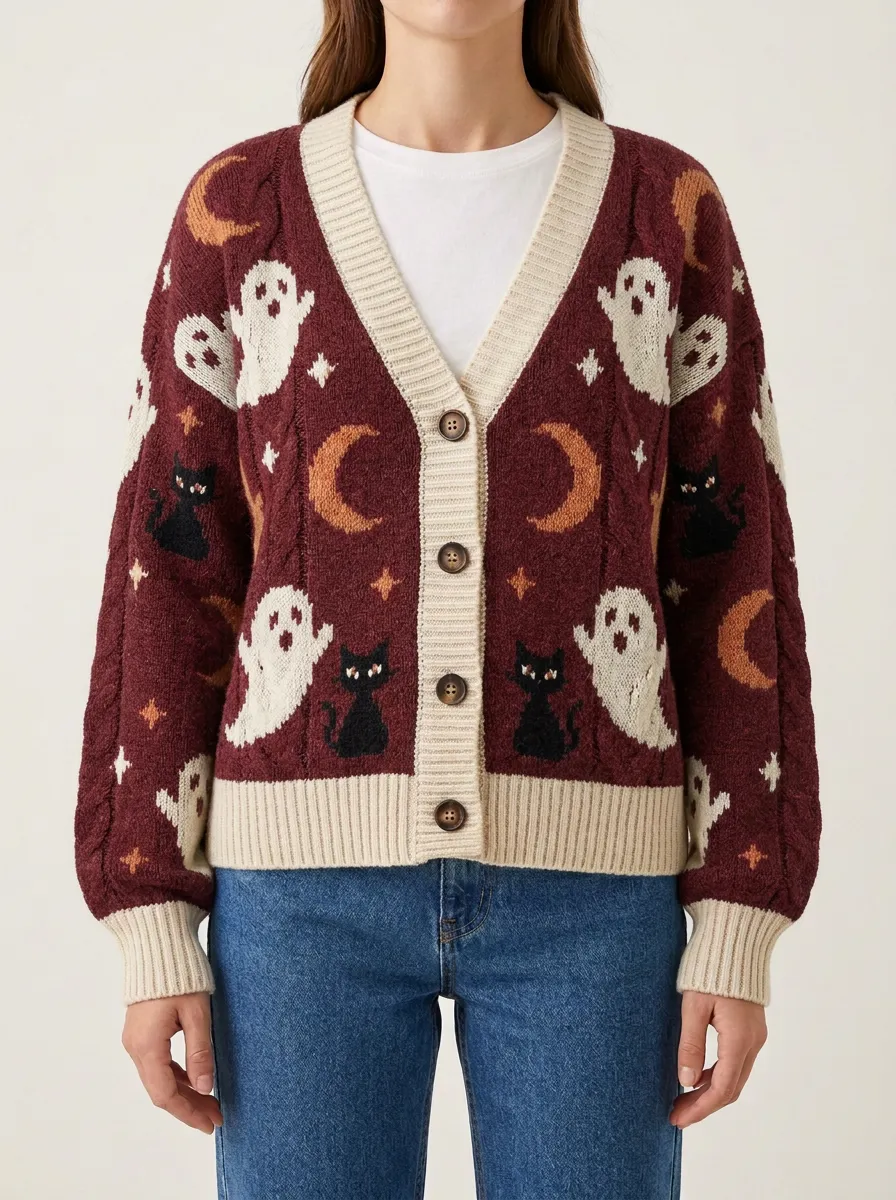 Women's Halloween Ghost Cat Moon Pattern Knit Cardigan