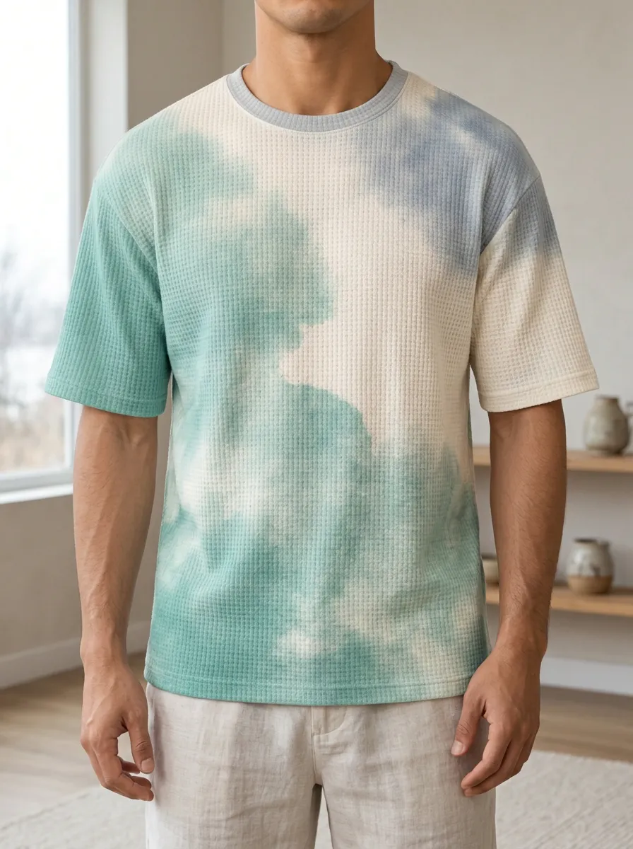 Men's Casual Tie-dye Waffle Knit Contemporary Crew Neck T-Shirt