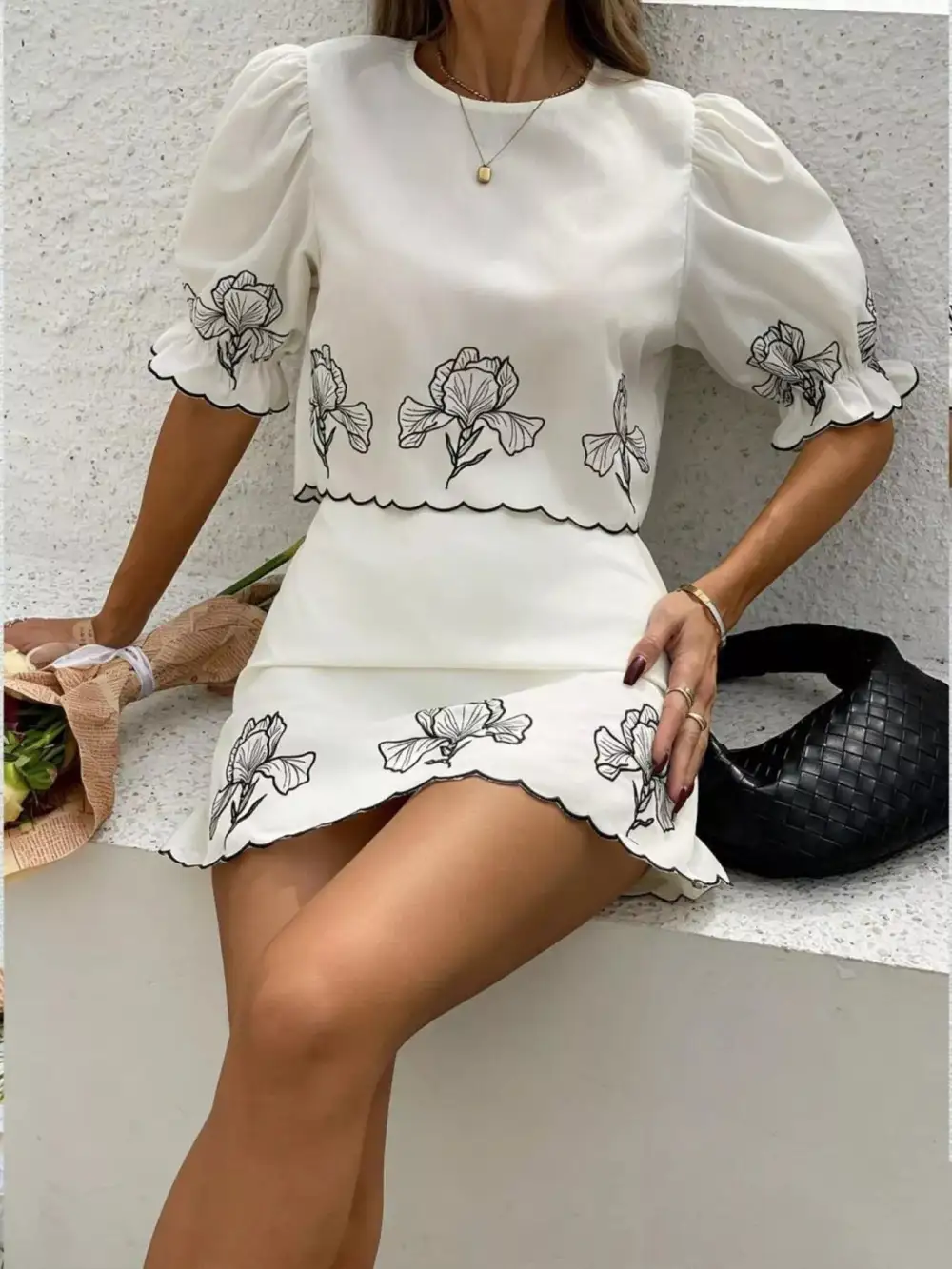 Floral Scallop Trim Top Skirt Set