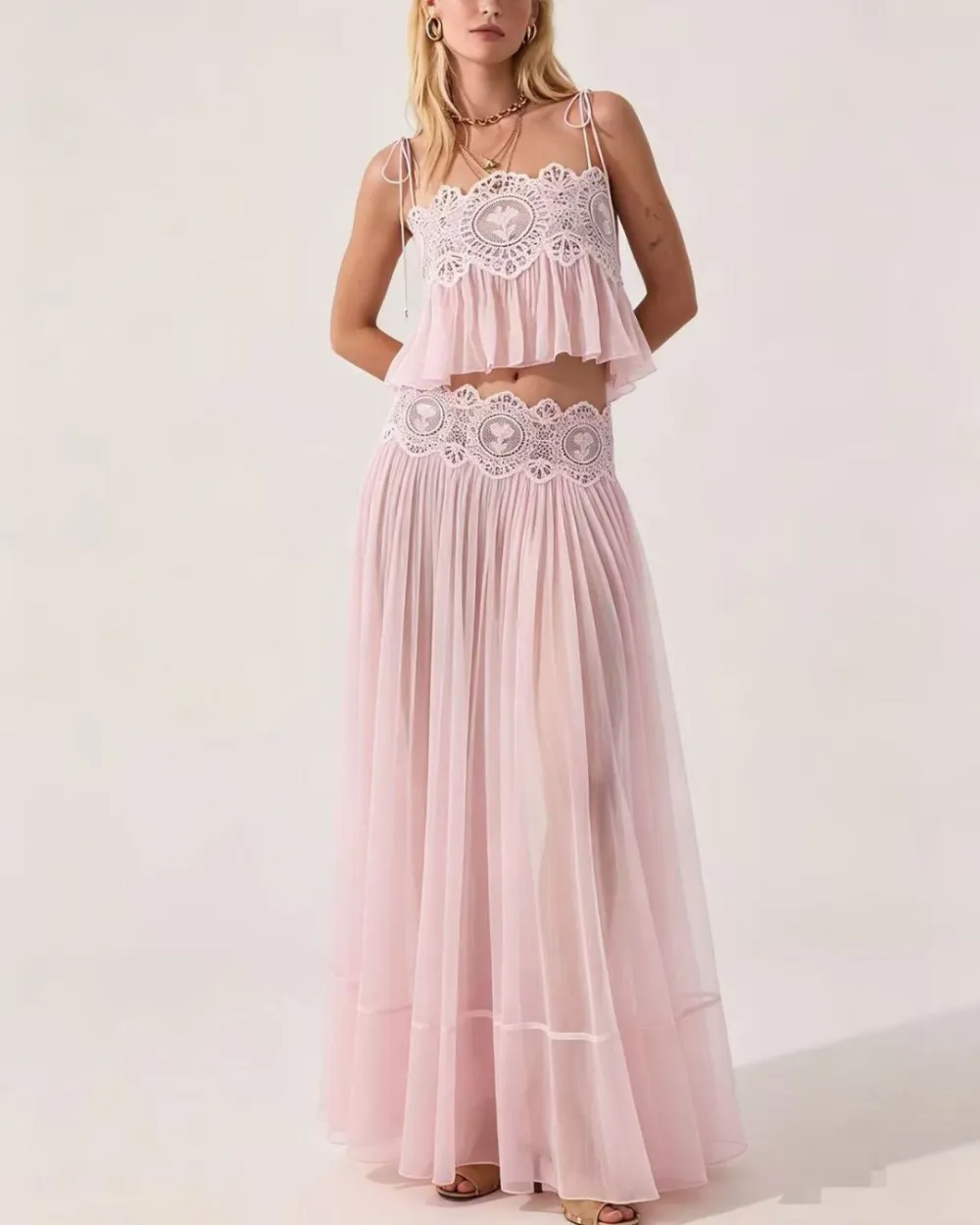 Slim Fit Ruffle Trim Open-Back Chiffon Set