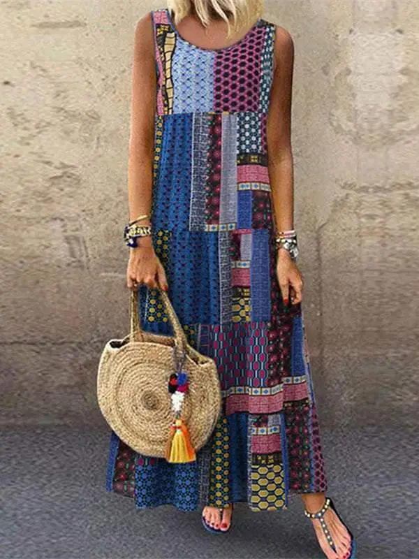 Casual Loose Sleeveless O-neck Vest Dress Irregular Print Sundress