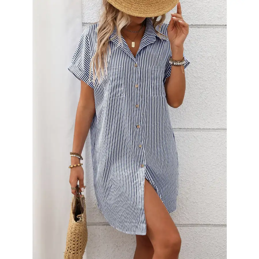 Striped Button Down Short Sleeve Mini Dress