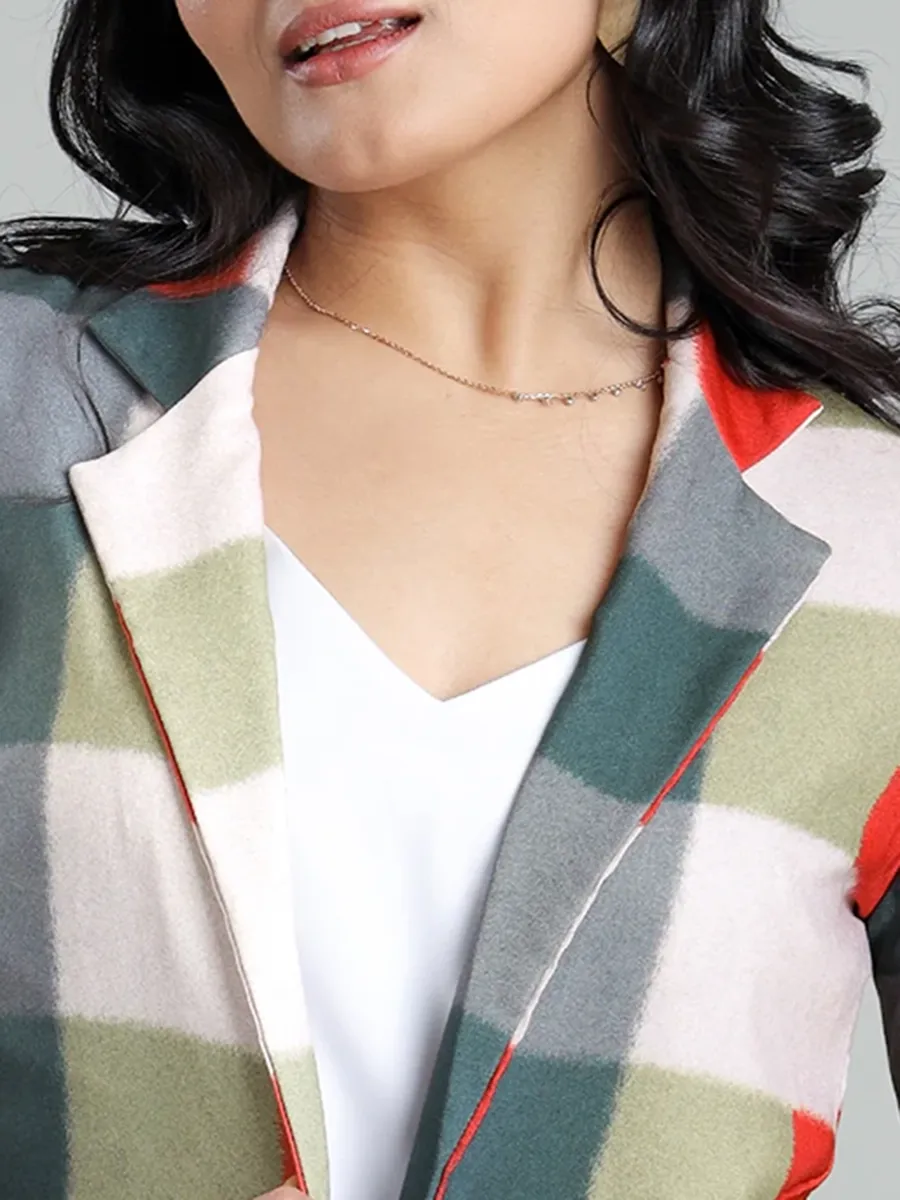 Modern Fashionable Multi-Color Checked Art Print Women's Jacket