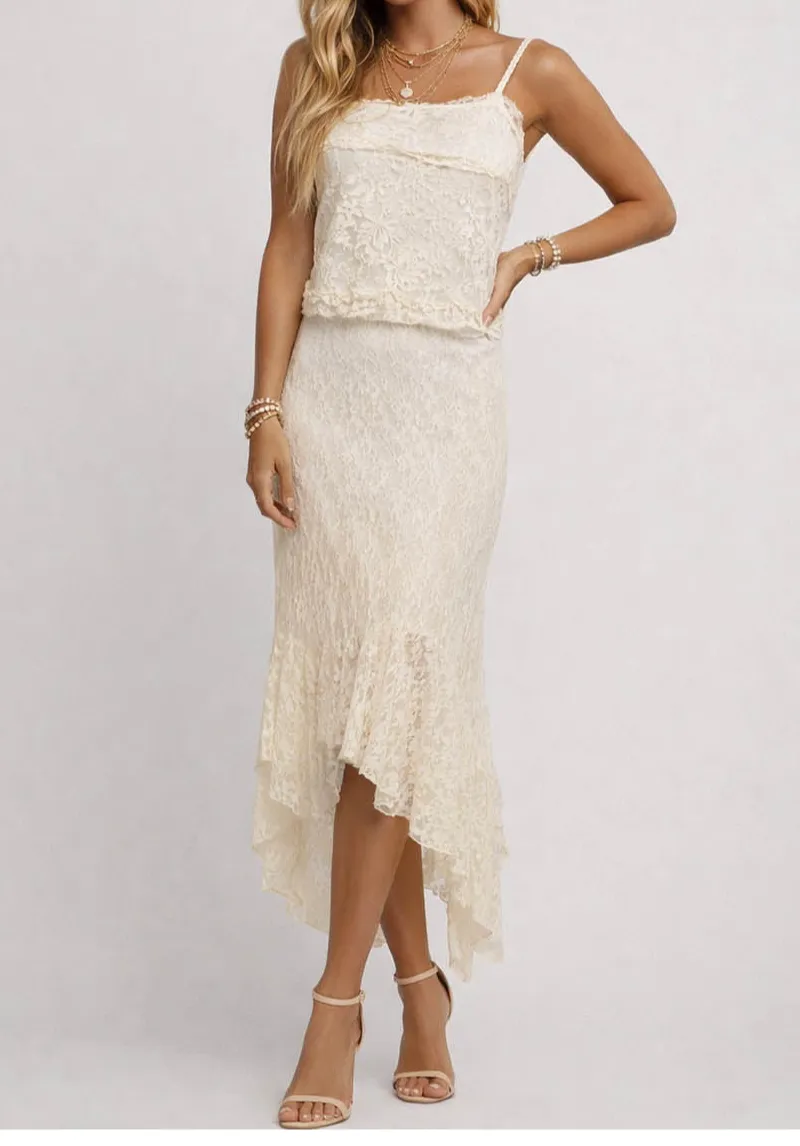 Lace Irregular Hem Elastic Waist Midi Skirt