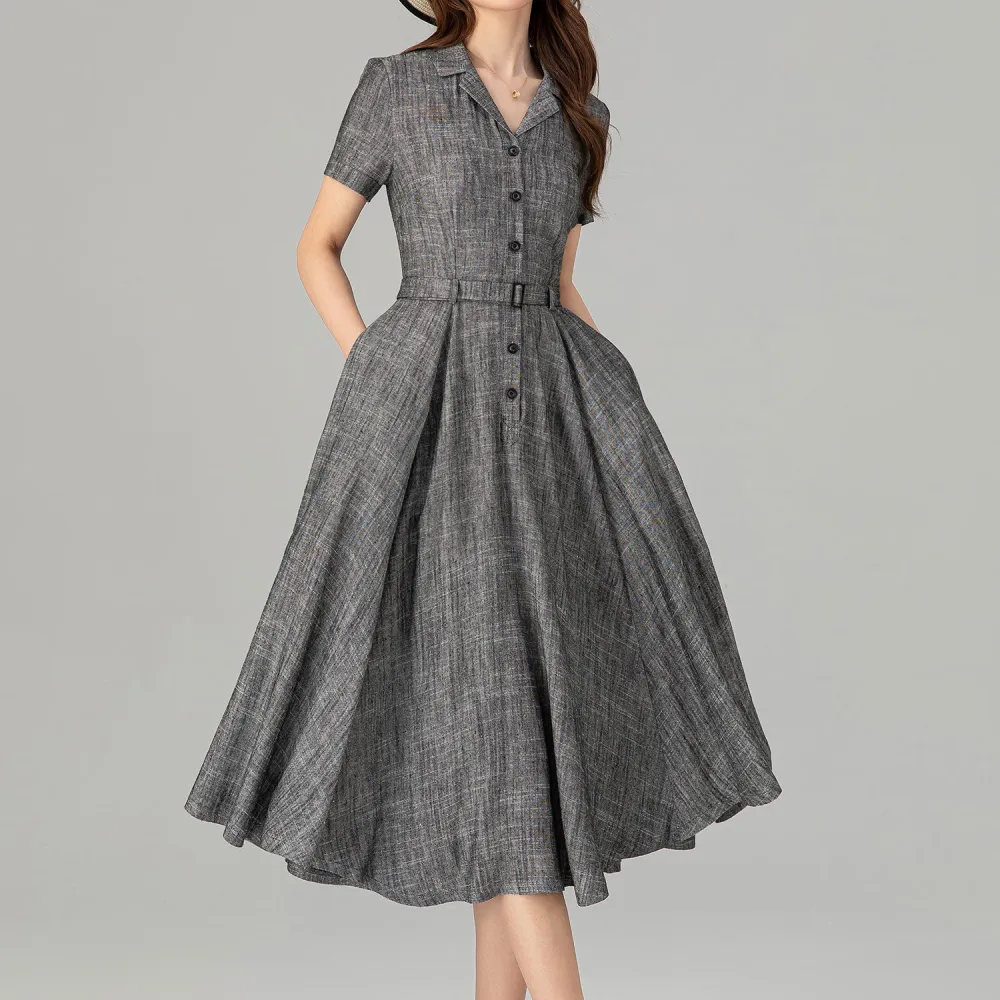 Refined Linen Cotton A Line Swing Notched Collar Short Sleeve Midi Dress