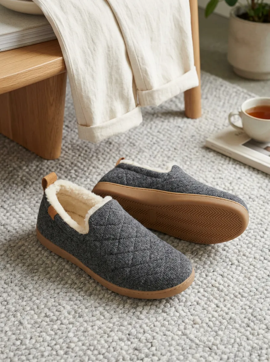 Women's Casual Quilted Grey Fleece Lined Woolen Slippers
