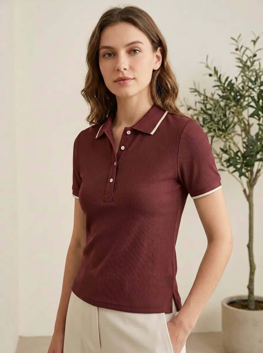 Women's Ribbed Contrast-Trim Polo Shirt