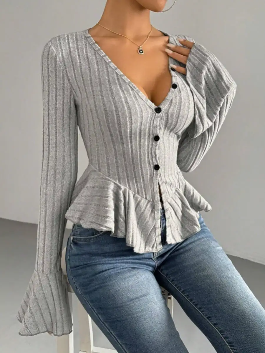 Flared Sleeve Long Sleeve Button Detail Ruffle Panel Detail Deep V-Neck T-Shirt