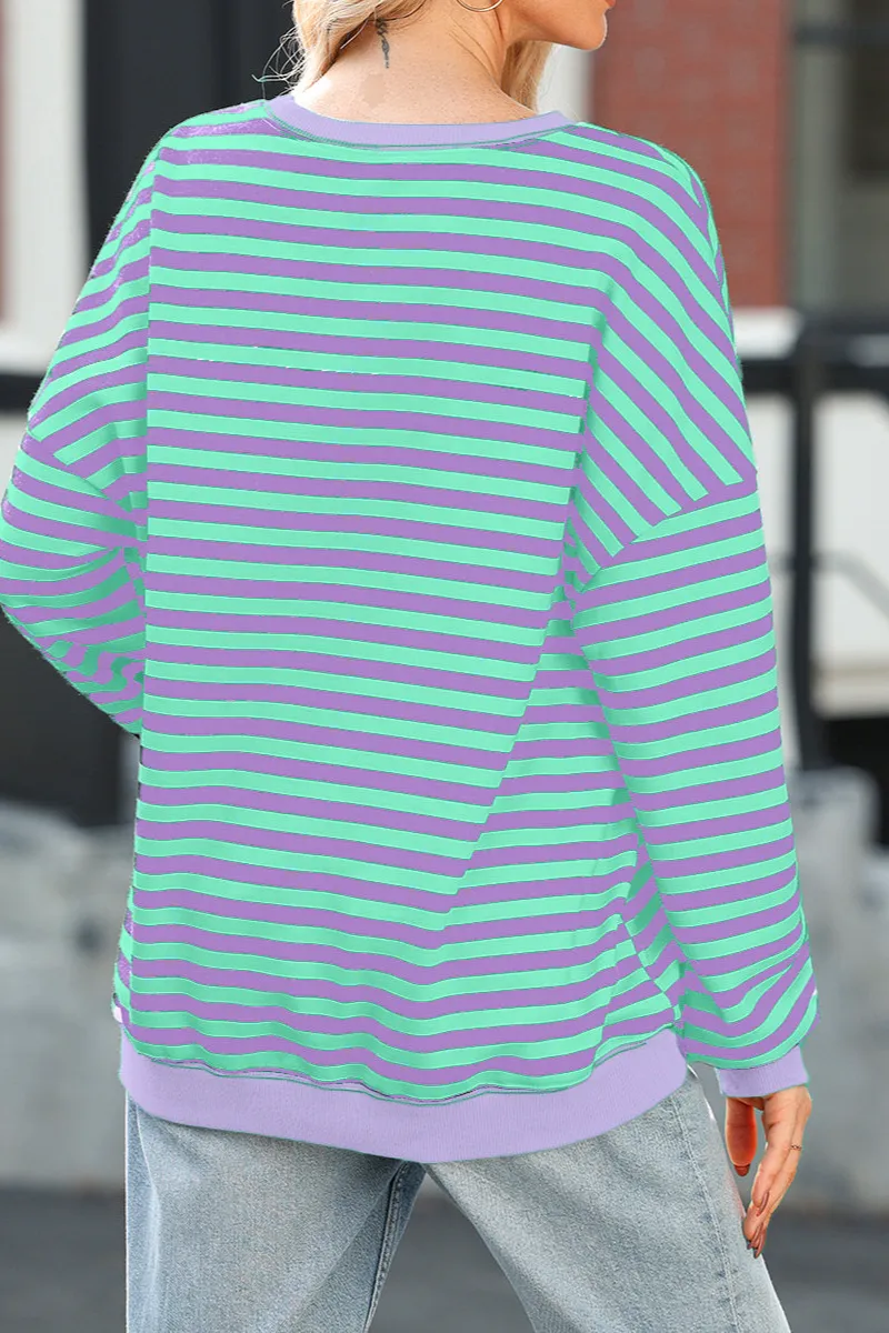 Laid Back Striped Ribbed Drop Shoulder Sweatshirt