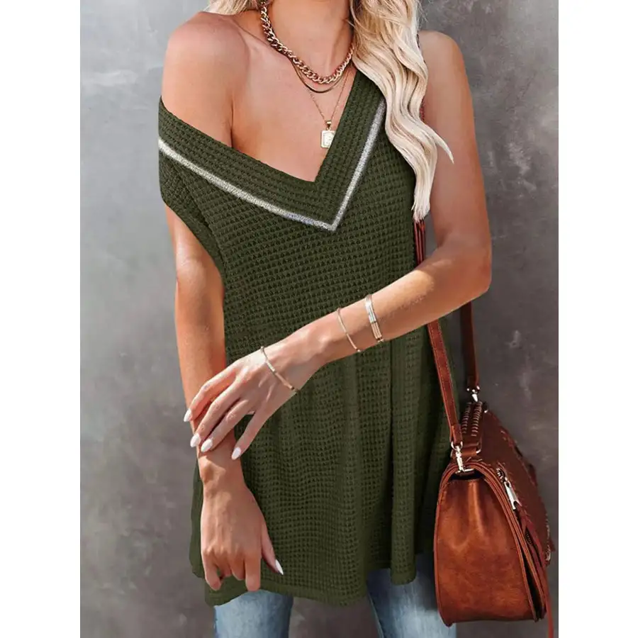 V Neck Waffle Knit Tank Top With