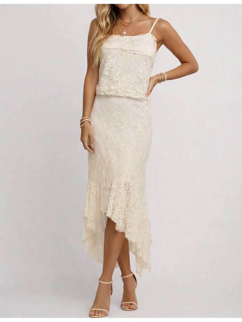 Lace Irregular Hem Elastic Waist Midi Skirt