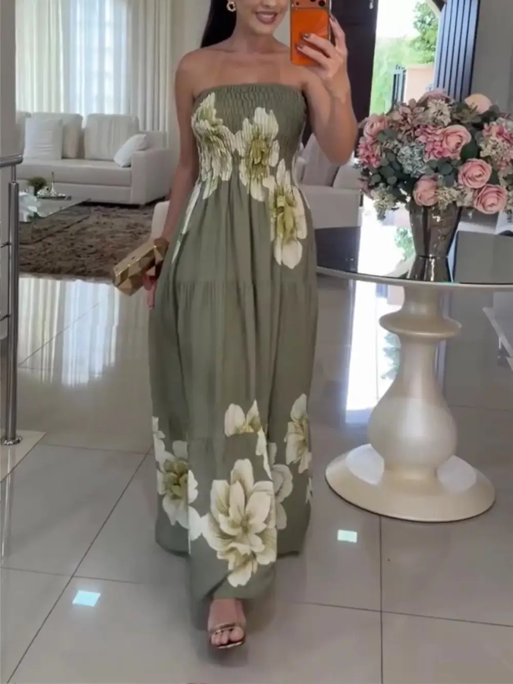 Gathered Detail Floral Printed Smocked Maxi Dress