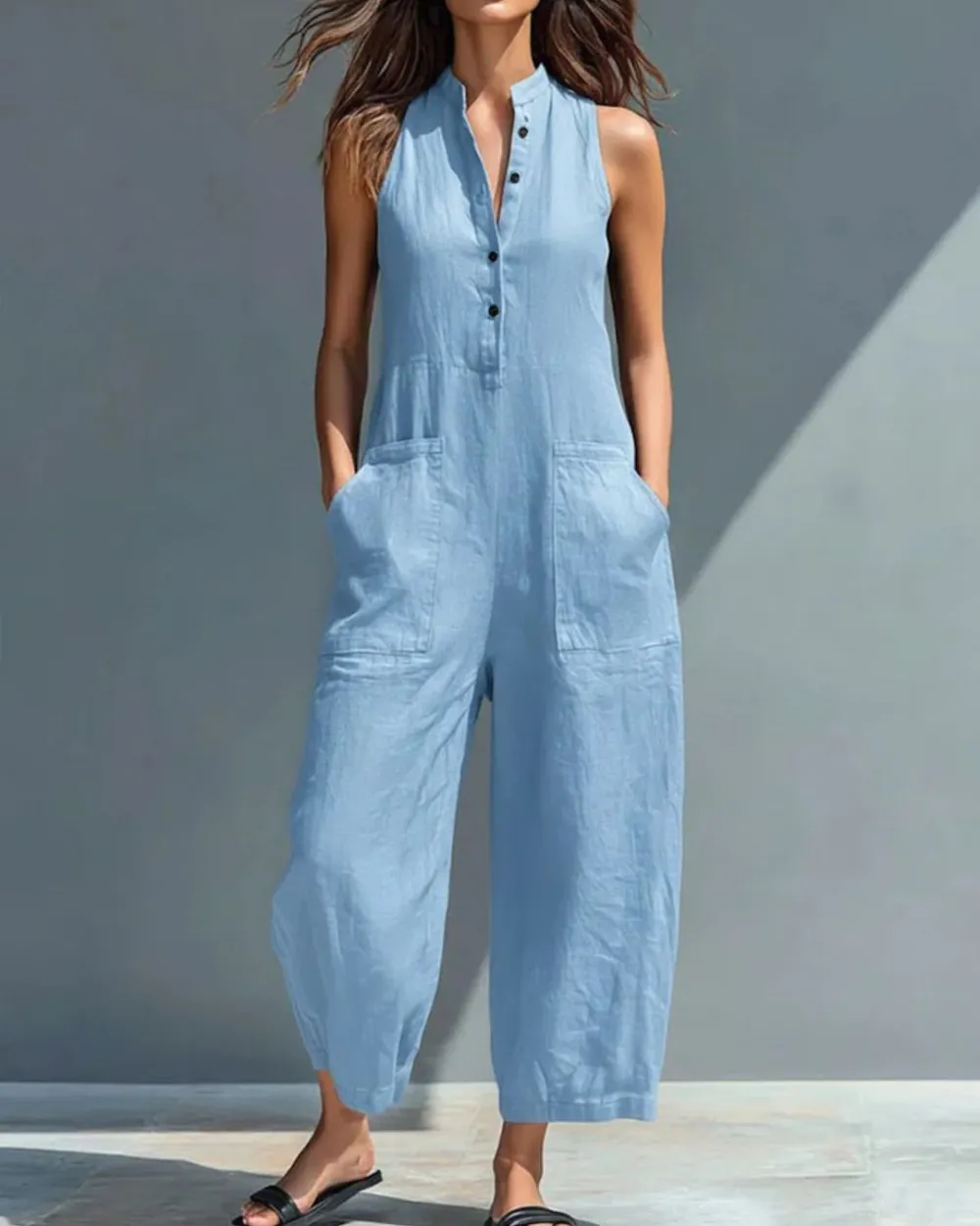 Vintage Sleeveless Stand-Collar Wide-Leg Jumpsuit