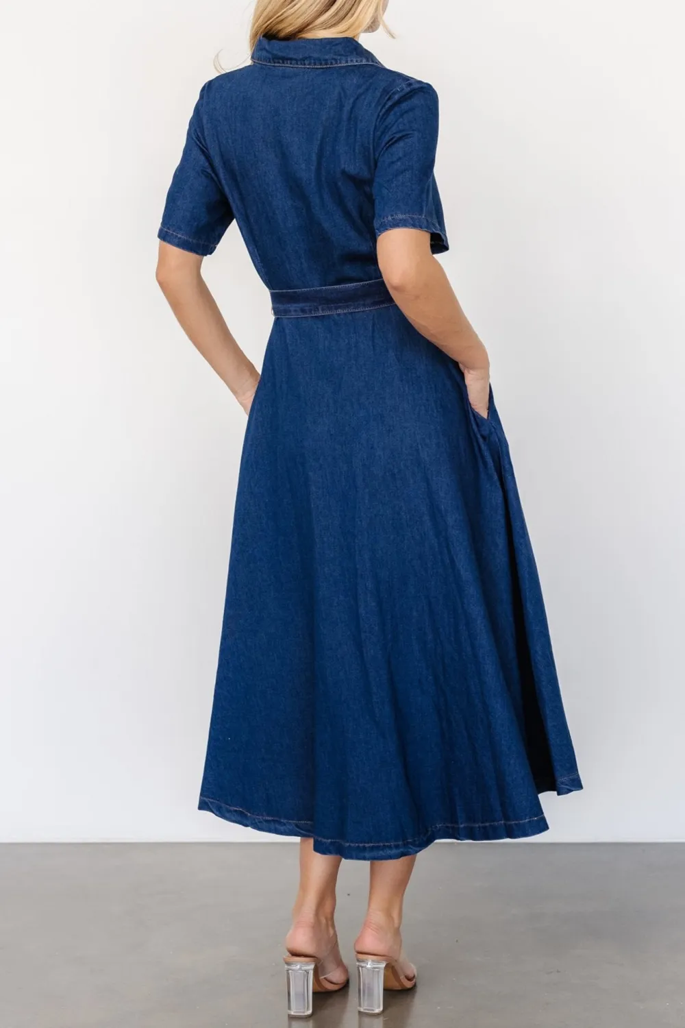 Minimalist Vintage Denim Blue Belt High Waist Dress