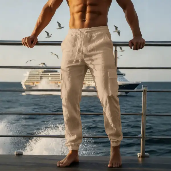 Men's Summer Linen Cargo Pants Waistband Pockets Cargo Pants